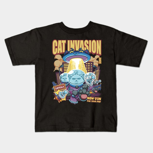 Cat Invasion: Tesla Gun Kids T-Shirt by AGAMUS